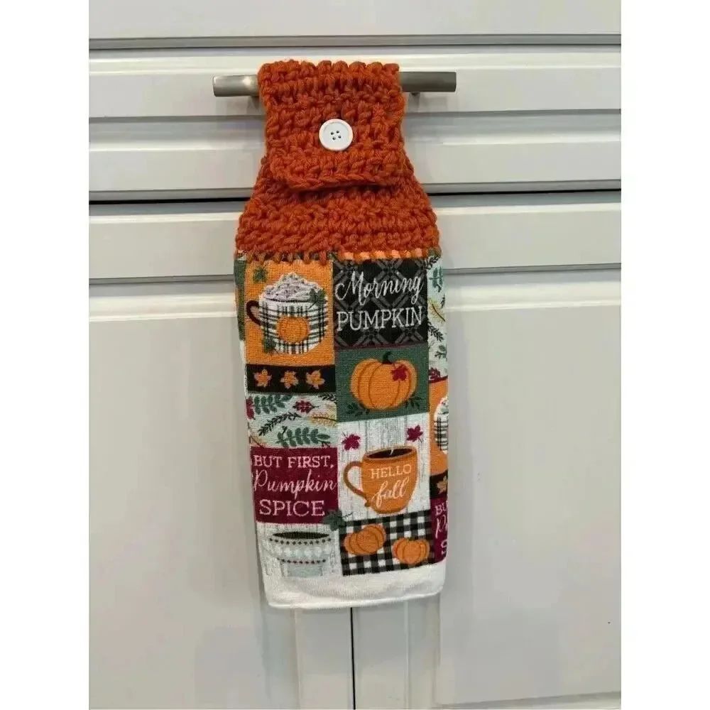 Crochet Top Kitchen Towel- Morning Pumpkin white button